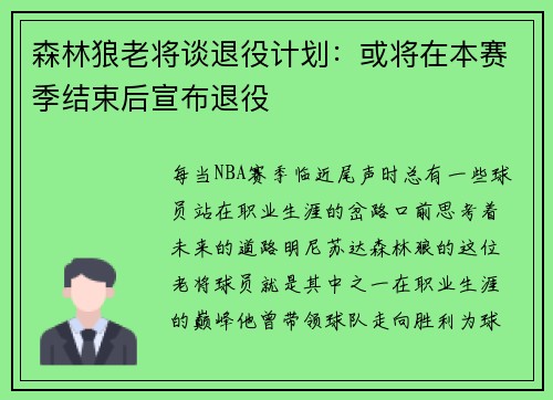 森林狼老将谈退役计划：或将在本赛季结束后宣布退役